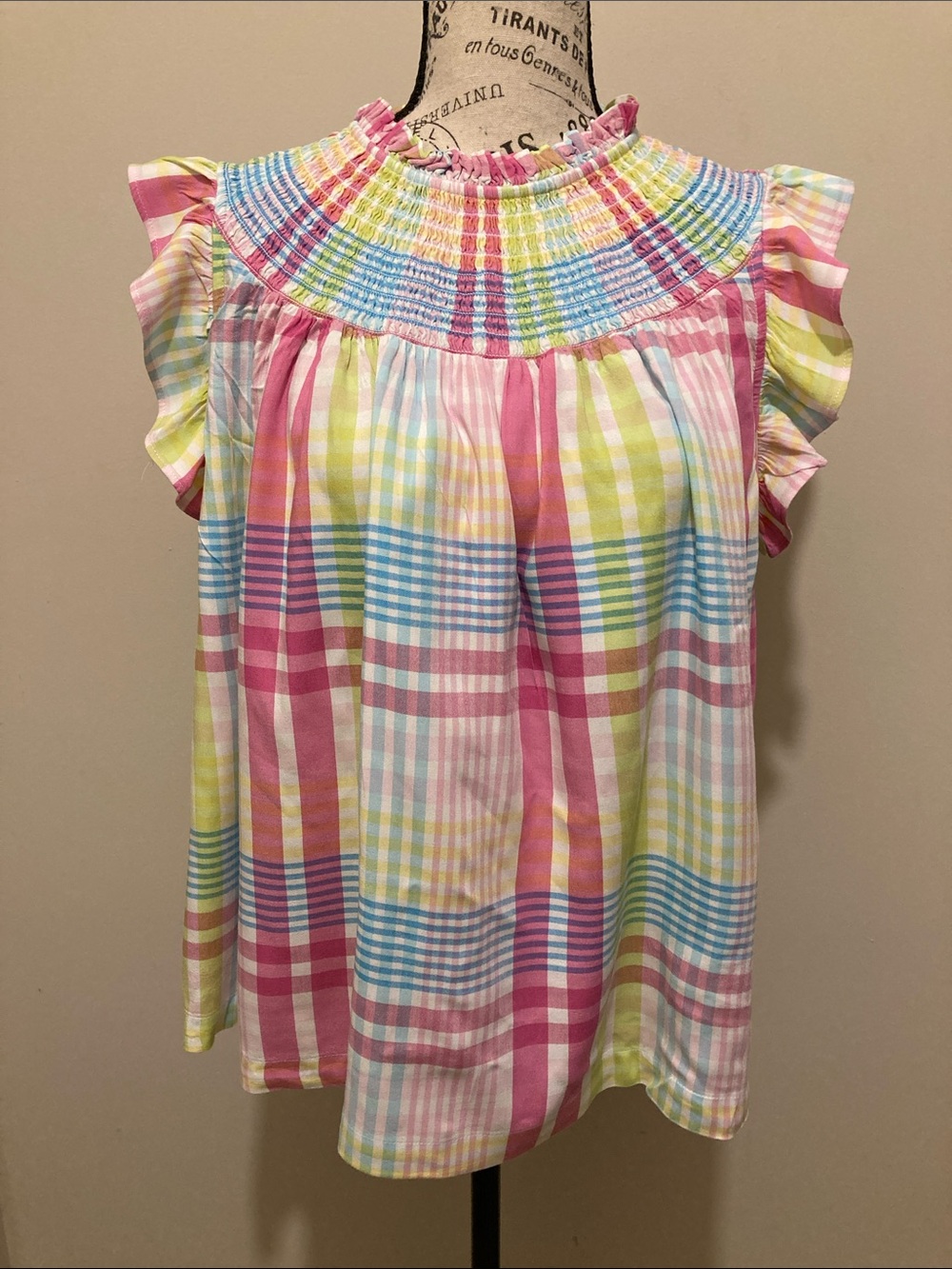 Crown & Ivy Smocked Pastel Plaid Flutter Sleeve Top XL